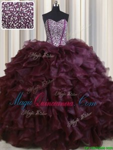 Visible Boning Sleeveless Organza With Brush Train Lace Up Quinceanera Gown in Burgundy for with Beading and Ruffles