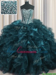 Glamorous Visible Boning Bling-bling Sleeveless Brush Train Lace Up With Train Beading and Ruffles Vestidos de Quinceanera