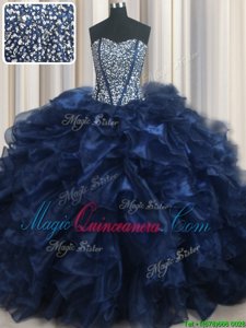 Sumptuous Visible Boning Bling-bling With Train Lace Up Quinceanera Dresses Navy Blue and In for Military Ball and Sweet 16 with Beading and Ruffles Brush Train