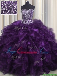 Bling-bling Brush Train Purple Sweetheart Neckline Beading and Ruffles 15th Birthday Dress Sleeveless Lace Up