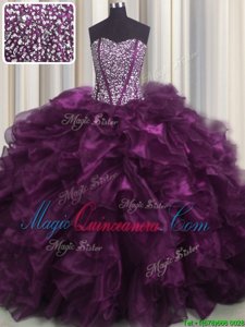 Stunning Visible Boning Brush Train Eggplant Purple Sweetheart Neckline Beading and Ruffles Vestidos de Quinceanera Sleeveless Lace Up