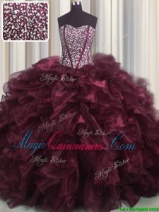 Perfect Visible Boning Bling-bling Sleeveless With Train Beading and Ruffles Lace Up Vestidos de Quinceanera with Burgundy Brush Train