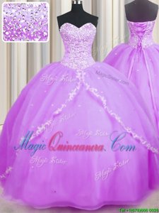 Fine Beading and Appliques Sweet 16 Dress Lilac Lace Up Sleeveless With Brush Train