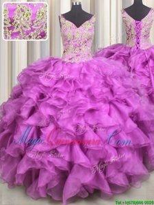 V Neck V-neck Sleeveless Lace Up 15th Birthday Dress Fuchsia Organza