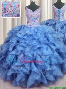 Exceptional Ruffled V Neck V-neck Sleeveless Vestidos de Quinceanera Floor Length Appliques and Ruffles Baby Blue Organza
