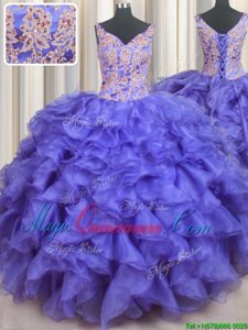 V Neck V-neck Sleeveless Lace Up Quinceanera Dress Lavender Organza
