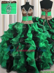 Leopard Two Tone V Neck V-neck Sleeveless Organza Quinceanera Gown Beading and Ruffles Lace Up