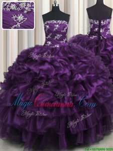 Purple Ball Gowns Appliques and Ruffles and Ruffled Layers Quinceanera Gowns Lace Up Organza Sleeveless Floor Length
