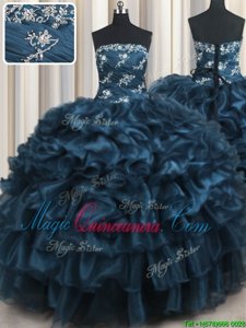 Navy Blue Sleeveless Appliques and Ruffles and Ruffled Layers Floor Length Quinceanera Gown