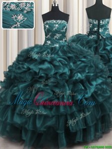 Navy Blue Ball Gowns Organza Strapless Sleeveless Appliques and Ruffles and Ruffled Layers Floor Length Lace Up Ball Gown Prom Dress
