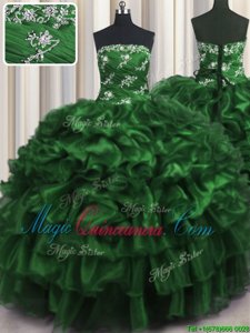 Dark Green Strapless Lace Up Appliques and Ruffles and Ruffled Layers 15 Quinceanera Dress Sleeveless