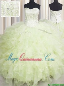 Custom Designed Sweetheart Sleeveless Sweet 16 Dress Floor Length Beading and Ruffles Yellow Green Organza