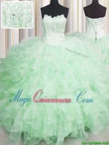 Beautiful Scalloped Visible Boning Apple Green Ball Gowns Beading and Ruffles Quinceanera Dress Lace Up Organza Sleeveless Floor Length
