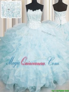 Scalloped Floor Length Lace Up Vestidos de Quinceanera Baby Blue and In for Military Ball and Sweet 16 and Quinceanera with Ruffles
