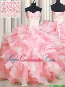 Exquisite Visible Boning Two Tone Sweetheart Sleeveless Organza Quinceanera Gown Beading and Ruffles Lace Up