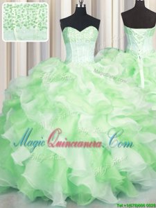 Visible Boning Two Tone Sweetheart Sleeveless Ball Gown Prom Dress Floor Length Beading and Ruffles Multi-color Organza