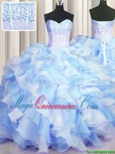Flare Two Tone Visible Boning Blue And White Sleeveless Floor Length Beading and Ruffles Lace Up Sweet 16 Dresses