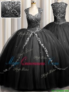 Free and Easy Zipple Up Black Zipper Quinceanera Gowns Beading and Appliques Cap Sleeves Brush Train
