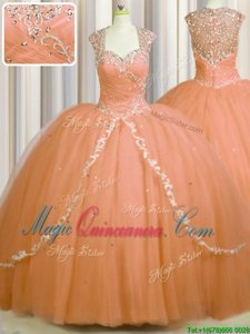 See Through Back Brush Train Orange Ball Gowns Beading and Appliques Quinceanera Dress Zipper Tulle Cap Sleeves With Train