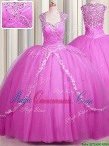 Beautiful See Through Hot Pink Cap Sleeves Tulle Brush Train Zipper Quinceanera Dresses for Military Ball and Sweet 16 and Quinceanera