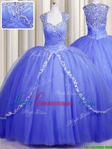 Fantastic Zipper Up Brush Train Lavender Ball Gowns Beading and Appliques Quince Ball Gowns Zipper Tulle Cap Sleeves With Train