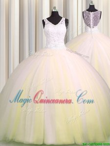 Nice Zipple Up V Neck Light Yellow Ball Gowns V-neck Sleeveless Tulle Brush Train Zipper Beading and Appliques Quinceanera Gowns