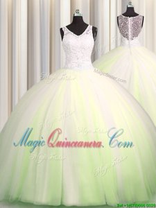 Latest Zipple Up Big Puffy Yellow Green Ball Gowns V-neck Sleeveless Tulle Brush Train Zipper Beading and Appliques 15th Birthday Dress
