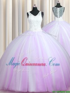 Spectacular V Neck Zipper Up Lilac Ball Gowns Tulle V-neck Sleeveless Beading With Train Zipper Quinceanera Dresses Brush Train