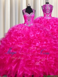 Zipper Up See Through Back Fuchsia Ball Gowns Straps Sleeveless Organza With Train Sweep Train Zipper Beading and Ruffles 15th Birthday Dress
