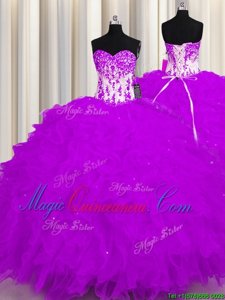 Purple Sweetheart Neckline Appliques and Ruffles Vestidos de Quinceanera Sleeveless Lace Up