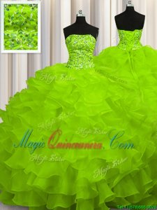 Graceful Strapless Sleeveless Sweep Train Lace Up Quinceanera Gown Yellow Green Organza