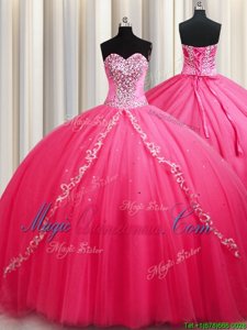 Sweetheart Sleeveless Quinceanera Dresses Brush Train Beading Hot Pink Tulle