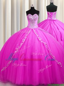 Sweep Train Rose Pink Sleeveless Beading Floor Length Sweet 16 Quinceanera Dress