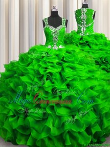 Glittering Zipple Up See Through Back Straps Zipper Beading and Ruffles Sweet 16 Quinceanera Dress Sleeveless