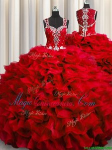 Fantastic Zipple Up See Through Back Straps Sleeveless Quinceanera Dress Floor Length Beading and Ruffles Wine Red Organza