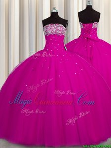 Exquisite Puffy Skirt Fuchsia Sleeveless Tulle Lace Up 15th Birthday Dress for Military Ball and Sweet 16 and Quinceanera