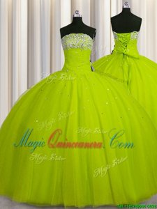 Delicate Big Puffy Sleeveless Beading and Sequins Lace Up Quinceanera Gown