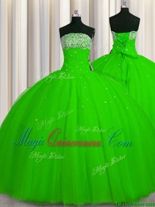 Big Puffy Strapless Sleeveless Quince Ball Gowns Floor Length Beading and Sequins Tulle