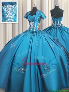 Sweetheart Short Sleeves Taffeta Ball Gown Prom Dress Beading and Appliques and Ruching Lace Up