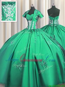 Turquoise Sweetheart Neckline Beading and Appliques and Ruching Sweet 16 Quinceanera Dress Short Sleeves Lace Up