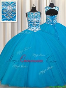 Scoop Tulle Sleeveless Floor Length Vestidos de Quinceanera and Beading