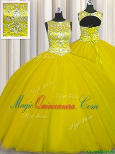Scoop Gold Sleeveless Floor Length Beading Lace Up Quinceanera Gowns