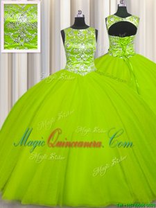 Fantastic Yellow Green Quince Ball Gowns Military Ball and Sweet 16 and Quinceanera and For with Beading Scoop Sleeveless Lace Up