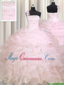 Traditional Ball Gowns Quince Ball Gowns Baby Pink One Shoulder Organza Sleeveless Floor Length Zipper