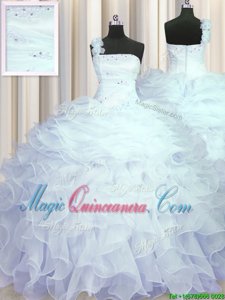 One Shoulder Light Blue Sleeveless Beading and Ruffles Floor Length Quince Ball Gowns