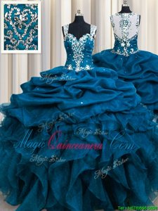 Beauteous Zipple Up See Through Back Teal Ball Gowns Organza Straps Sleeveless Beading and Ruffles and Sequins and Pick Ups Floor Length Zipper Ball Gown Prom Dress
