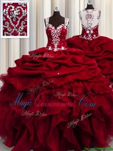 Excellent See Through Straps Sleeveless Organza Quinceanera Dresses Beading and Ruffles and Sequins Zipper