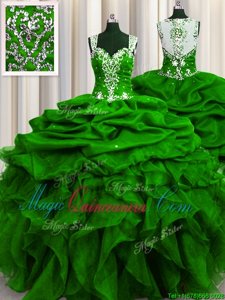 See Through Back Green Zipper 15 Quinceanera Dress Beading and Ruffles and Sequins and Pick Ups Sleeveless Floor Length