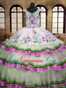Multi-color Organza Lace Up Quince Ball Gowns Sleeveless Floor Length Embroidery and Ruffled Layers