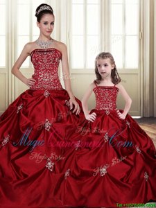 Wine Red Strapless Lace Up Embroidery and Pick Ups Vestidos de Quinceanera Sleeveless